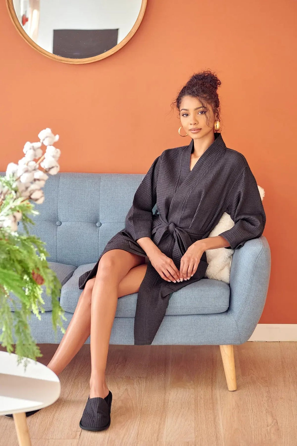 Knee-length waffle robe for women by Plush Fashion Hub, made of soft cotton, featuring a cozy, textured waffle pattern.