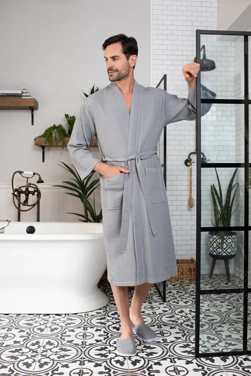 Absorbent, lightweight waffle spa bathrobe for men by Plush Fashion Hub, showing soft cotton fabric and comfortable fit.