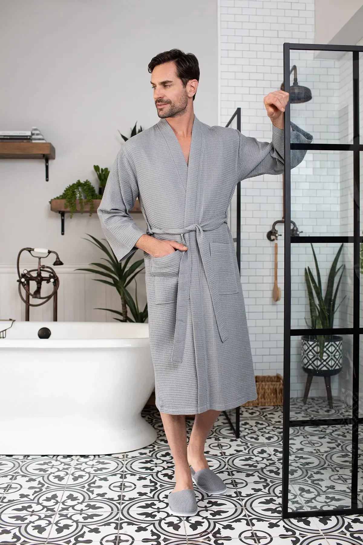 Absorbent, lightweight waffle spa bathrobe for men by Plush Fashion Hub, showing soft cotton fabric and comfortable fit.
