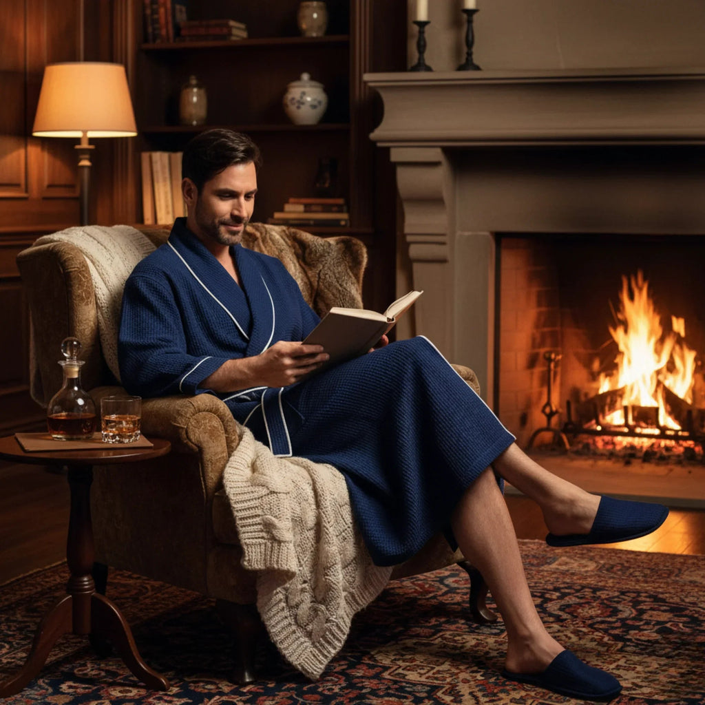 Men's plush waffle piping robe from Plush Fashion Hub, featuring cozy fabric, white piping details, and a relaxed fit.