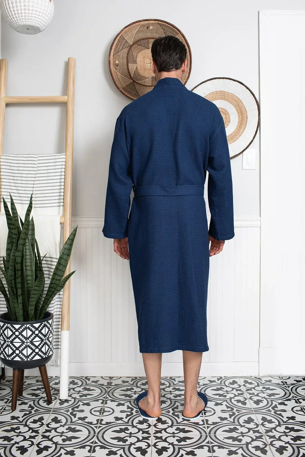 Absorbent, lightweight men's waffle spa bathrobe from Plush Fashion Hub displayed on a cozy, inviting background.