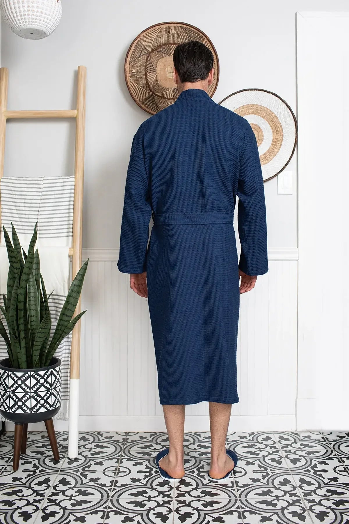 Absorbent, lightweight men's waffle spa bathrobe from Plush Fashion Hub displayed on a cozy, inviting background.