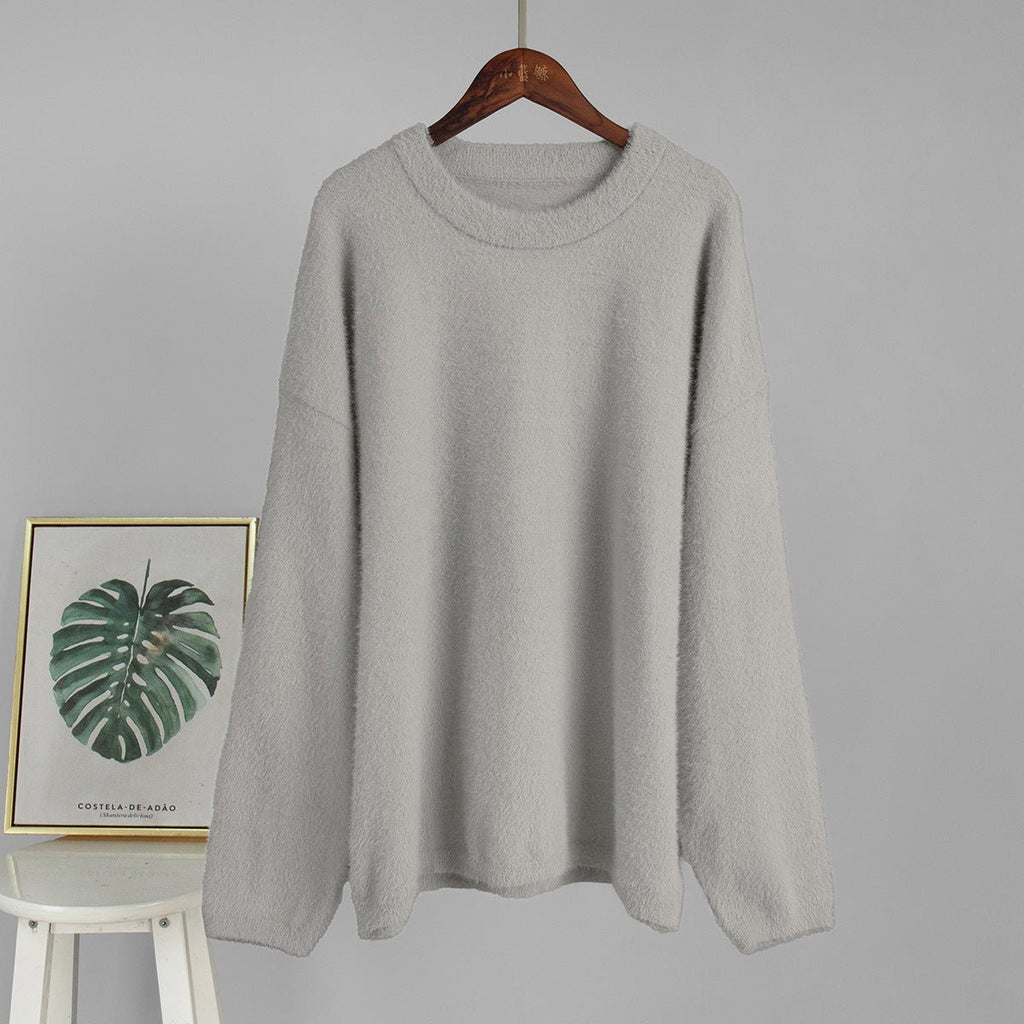 Bella Mia crew neck pullover sweater in solid color, perfect for autumn and winter, casual loose fit, simple and stylish.