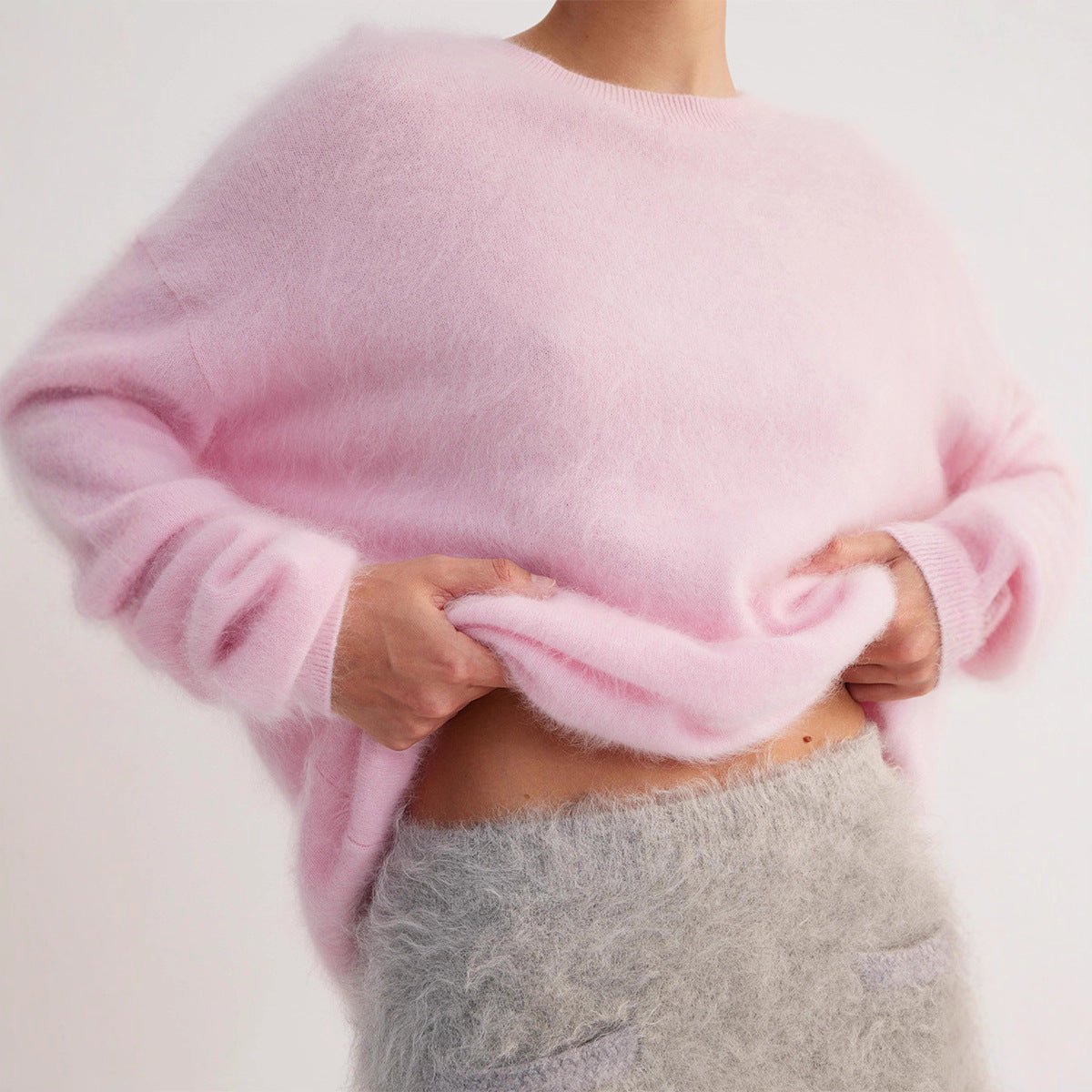 Bella Mia crew neck pullover sweater in solid color, autumn winter casual knit with a loose fit and simple design.