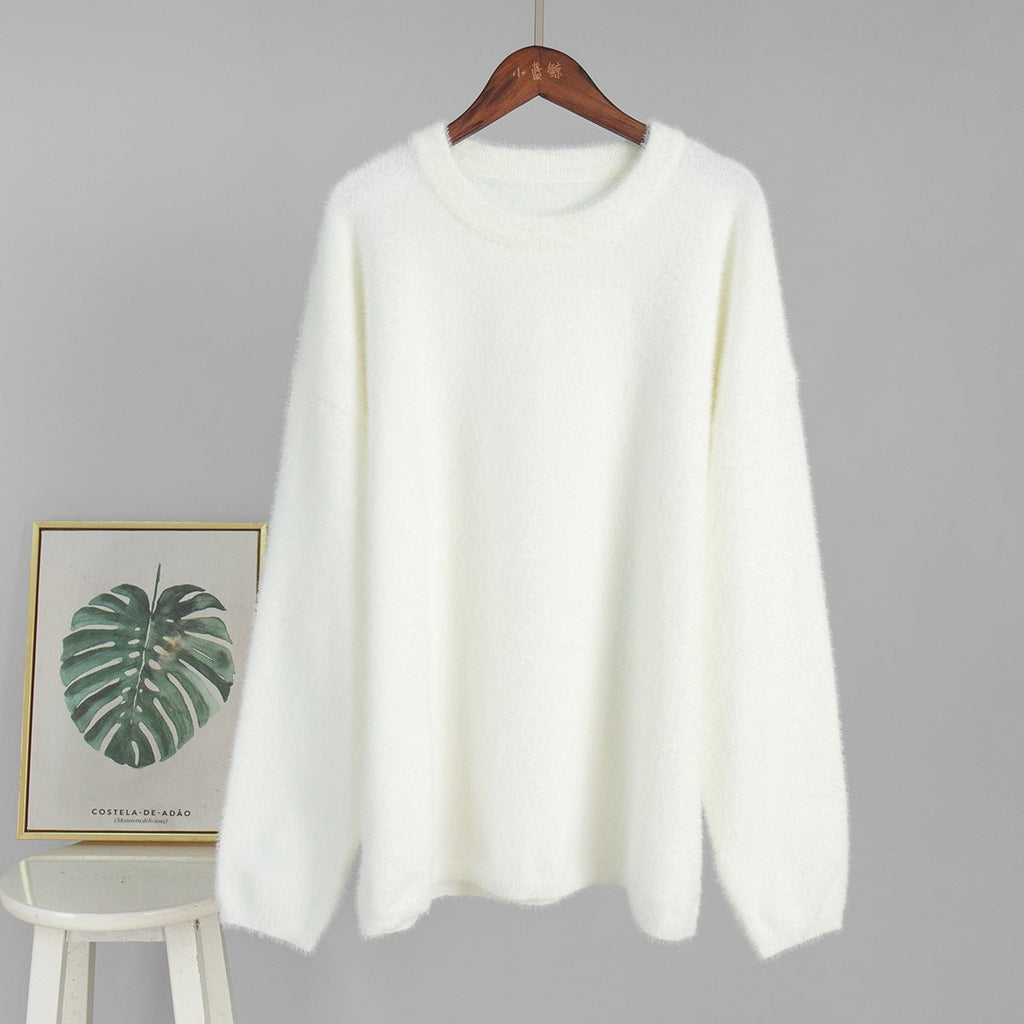 Bella Mia crew neck pullover sweater in solid color, casual loose fit for autumn and winter, simple and cozy.