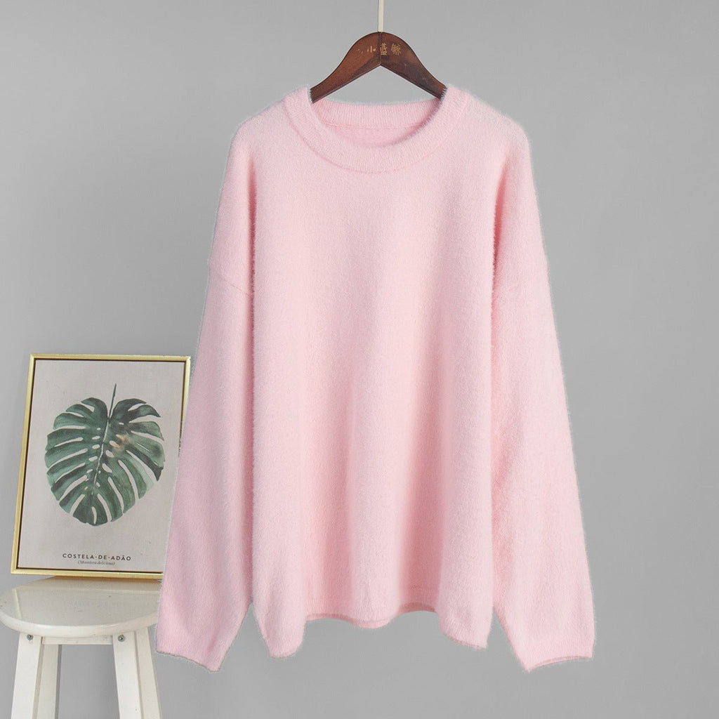 Bella Mia crew neck pullover sweater in solid color, casual loose fit for autumn and winter, simple and comfortable.