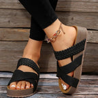 Women's crisscross open toe platform sandals with faux leather straps, featuring a comfortable flat sole and trendy design.
