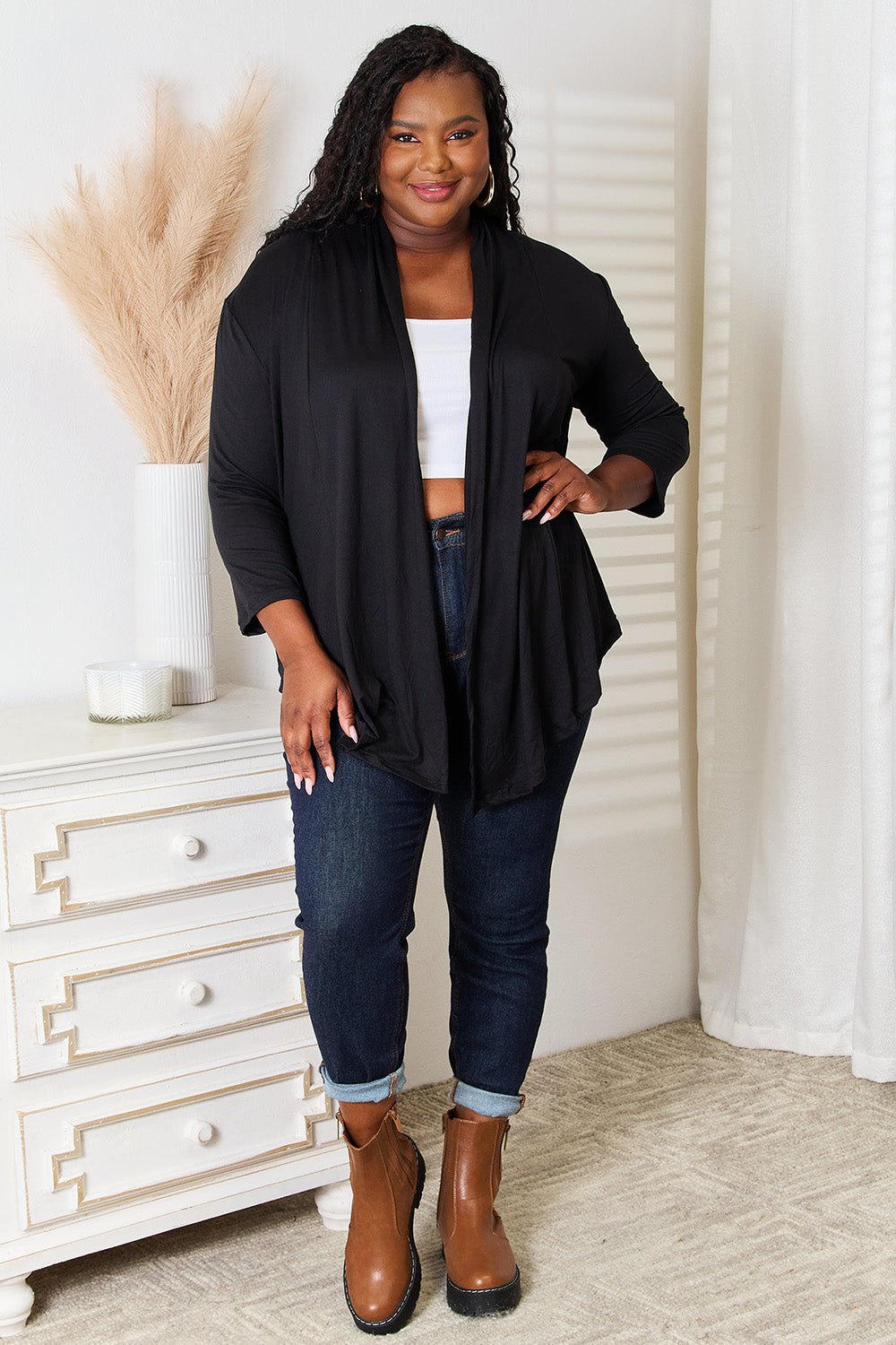 Women's lightweight draped open front cardigan with 3/4 sleeves, stylish layering piece from Trendsi.