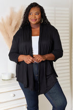 Women's draped open front cardigan with 3/4 sleeves, lightweight and stylish, from Trendsi, perfect for layered casual wear.