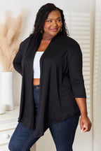 Women's draped open front cardigan with 3/4 sleeves, lightweight and stylish, from Trendsi, perfect for layering.