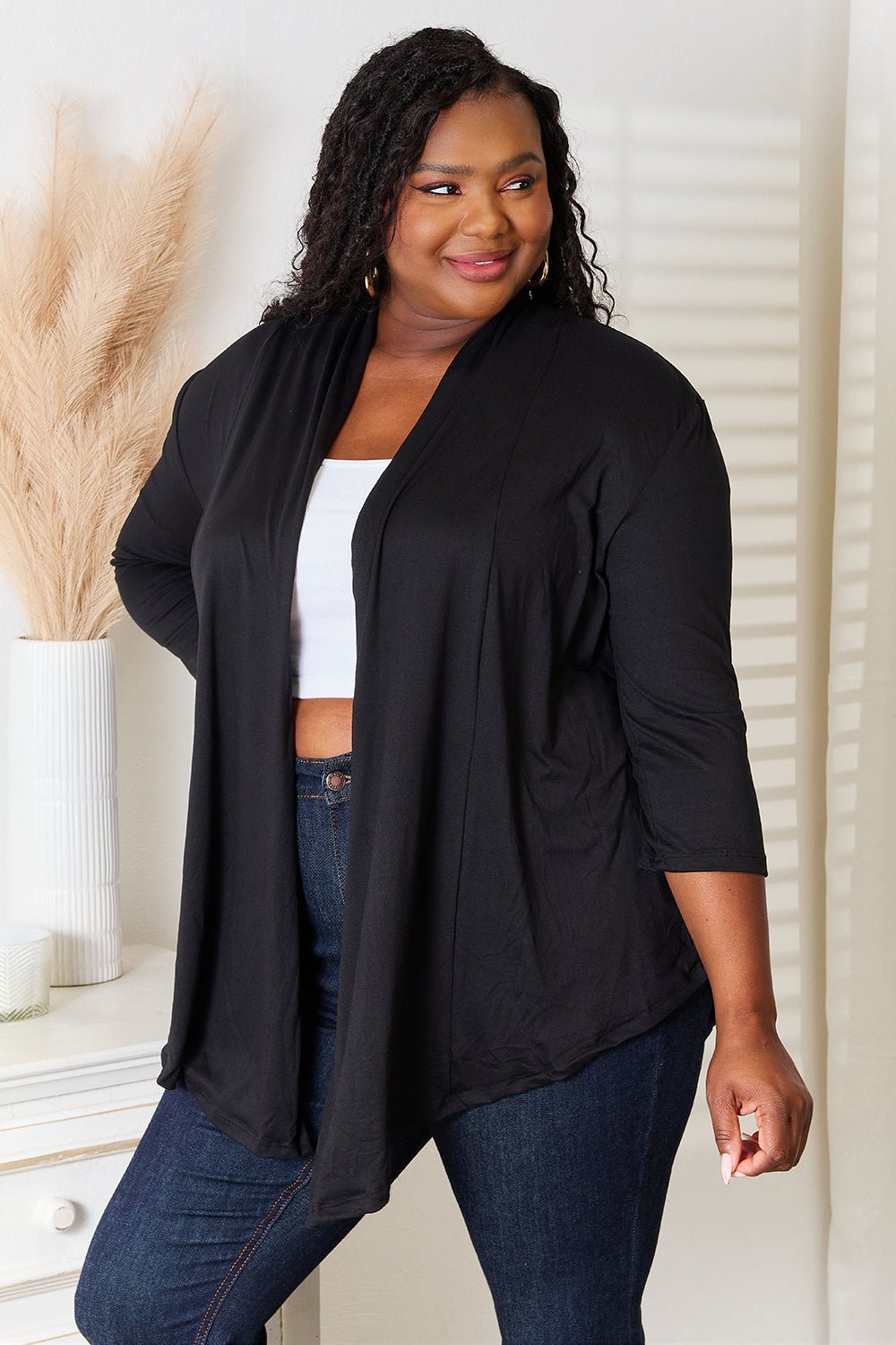 Women's draped open front cardigan with 3/4 sleeves, lightweight and stylish, from Trendsi, perfect for layering.