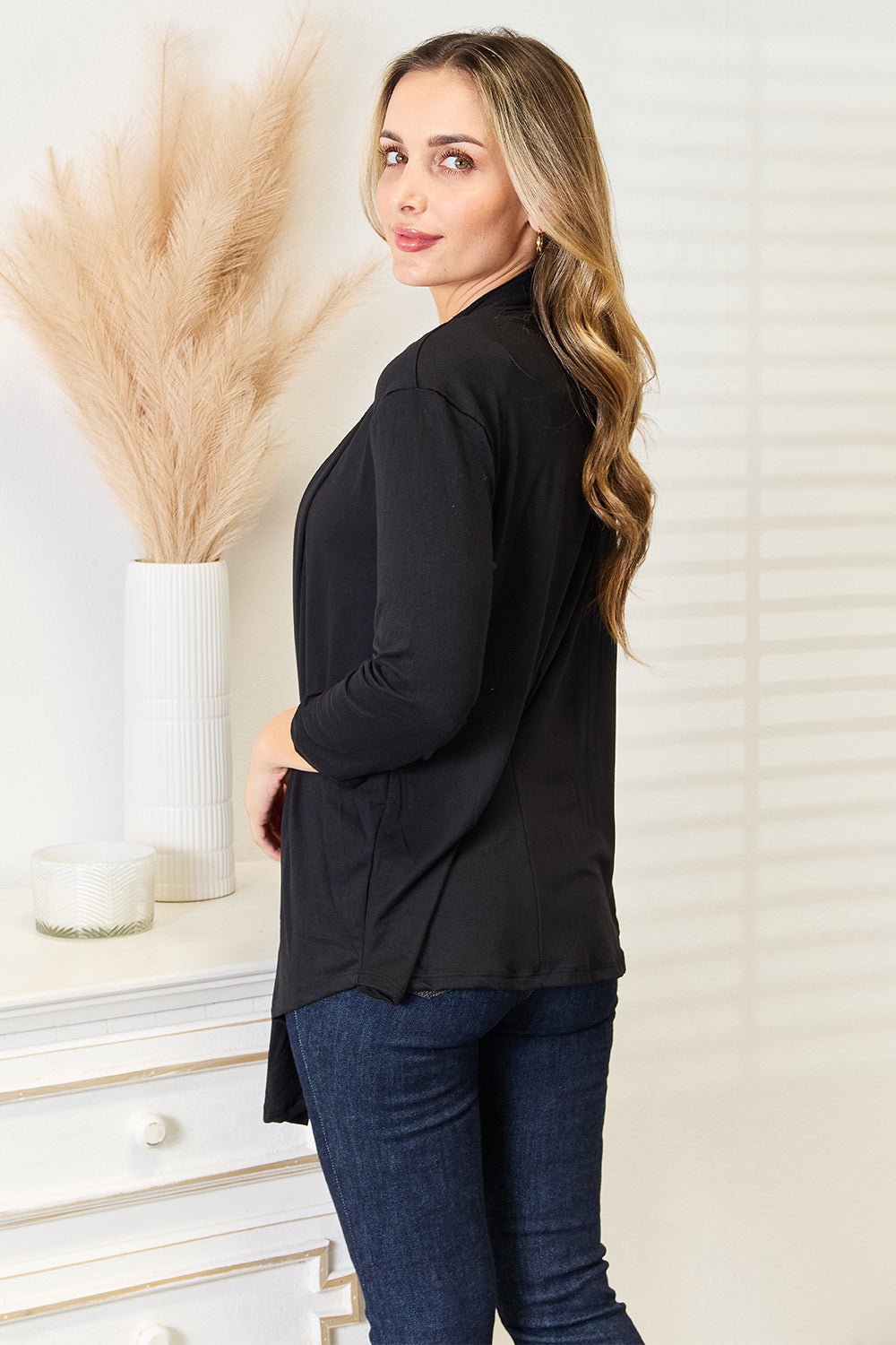 Women’s lightweight open front draped cardigan with 3/4 sleeves, stylish women’s apparel by Trendsi.