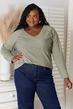 Women’s V-neck long sleeve cotton blend T-shirt in basic style, casual women’s apparel by Trendsi, shown in a full-size front view.