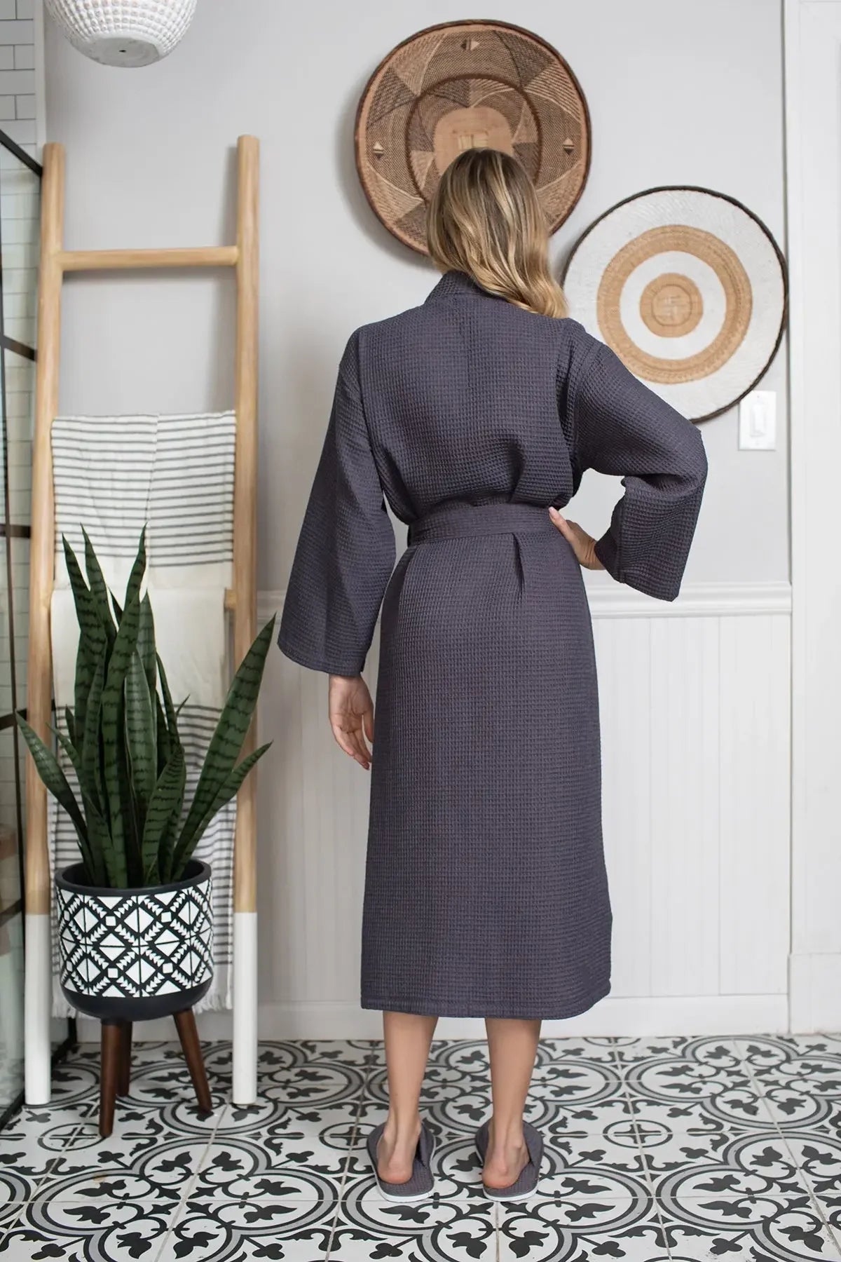 Lightweight women's waffle robe from Plush Fashion Hub with quick-dry spa comfort, shown in a cozy, textured fabric.