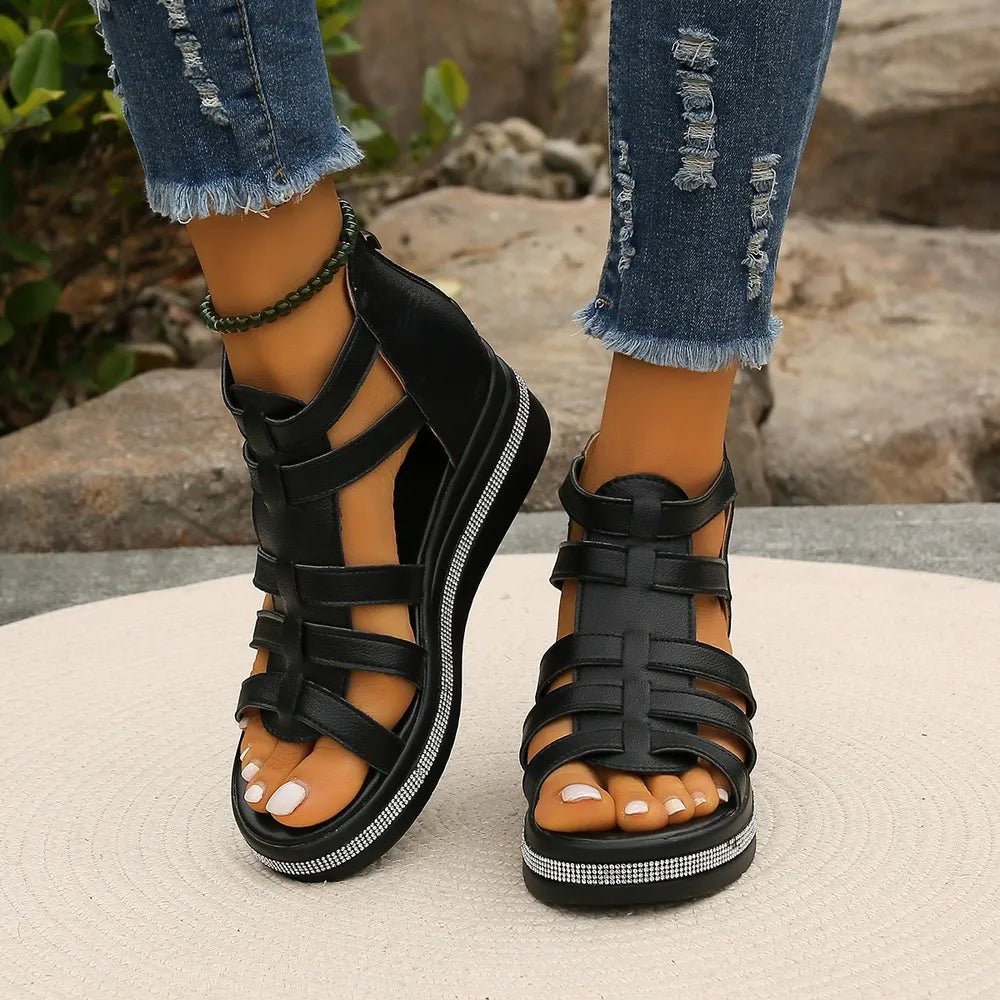 Women's rhinestone cutout wedge sandals with sparkling embellishments and comfortable design, perfect for stylish summer outfits.
