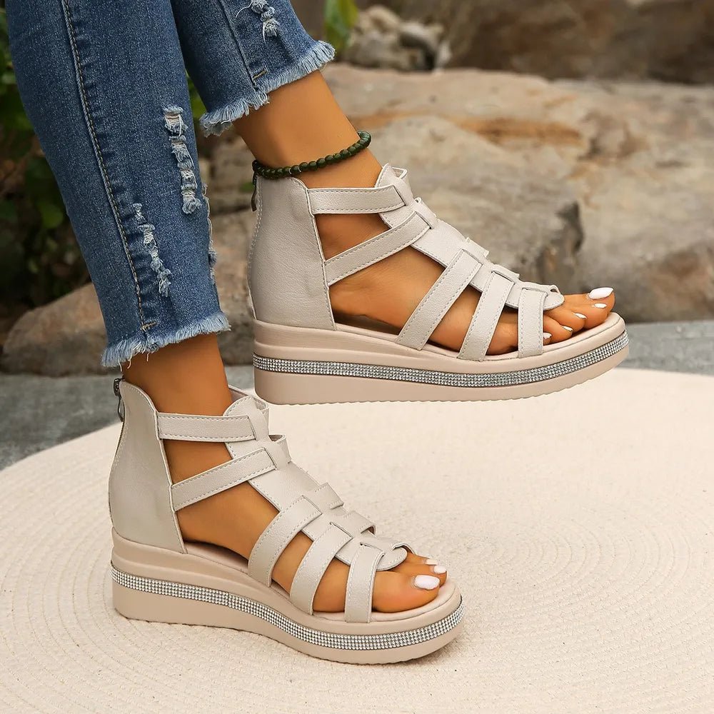 Women's rhinestone cutout wedge sandals from Trendsi featuring sparkling embellishments and comfortable design for dressy occasions.