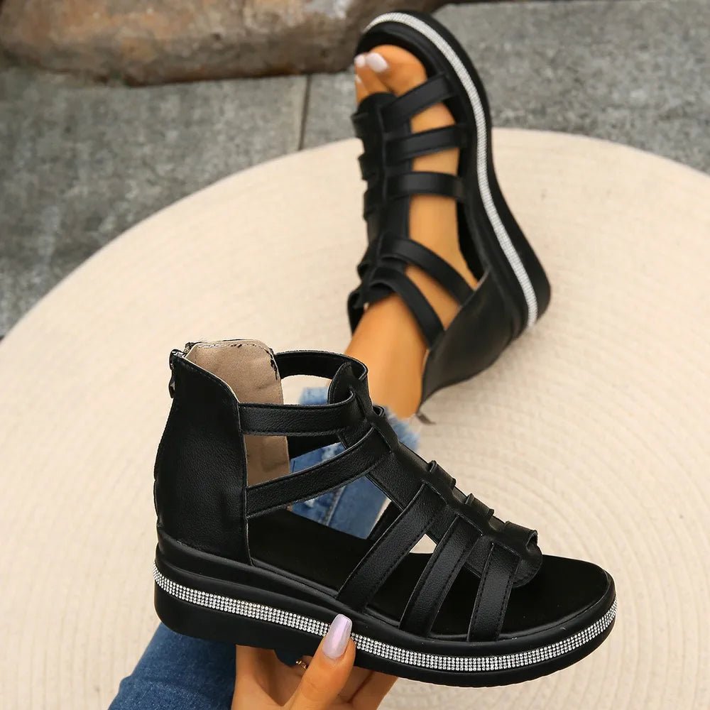 Women's rhinestone cutout wedge sandals by Trendsi featuring sparkling embellishments and comfortable design for stylish footwear.