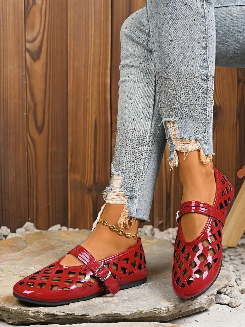 Women's vegan leather cutout round toe flat sandals by Trendsi, showcasing stylish open-toe design and comfortable everyday wear.