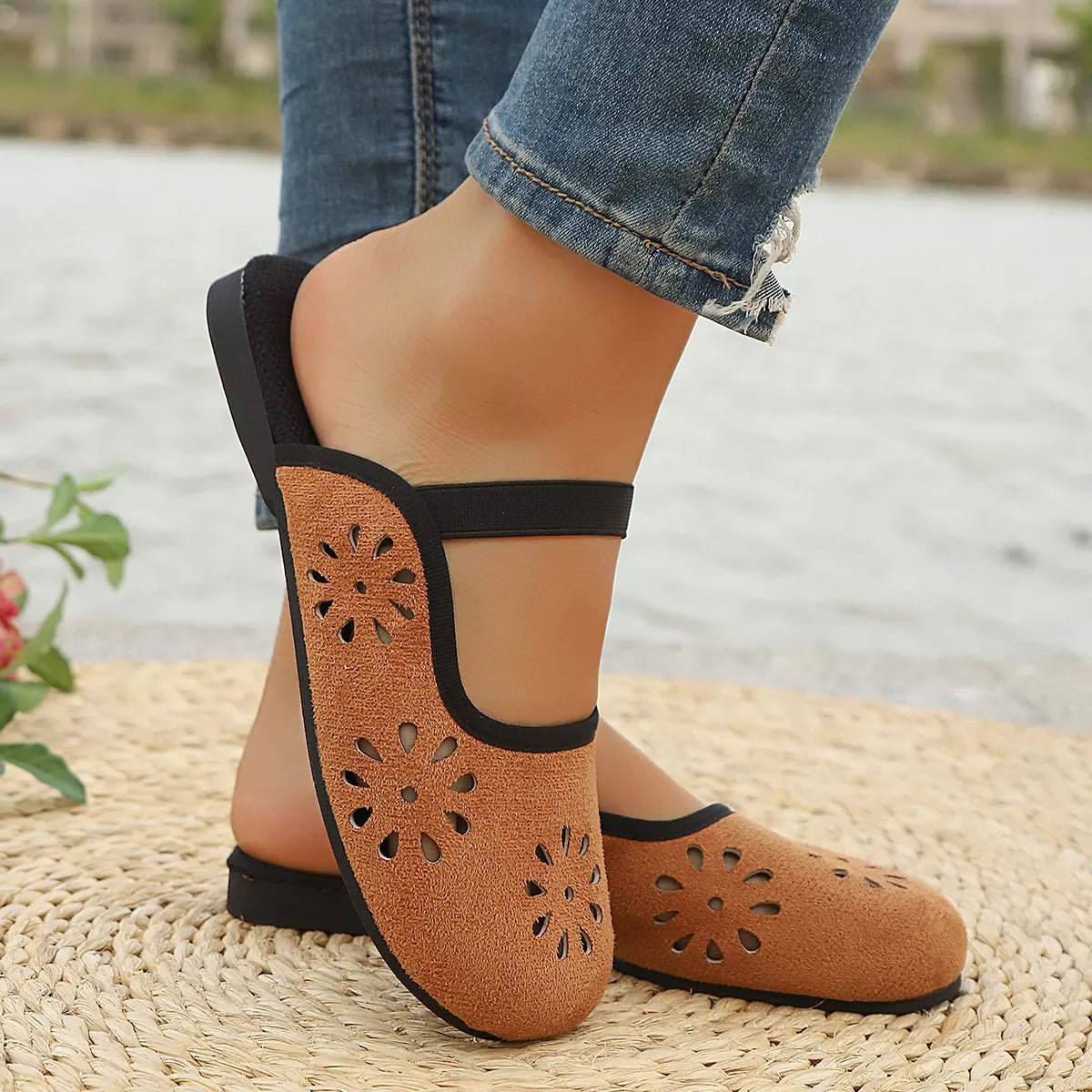 Women's slip-on flats with cutout design, round toe, and premium PU leather from Trendsi, stylish and comfortable for casual wear.
