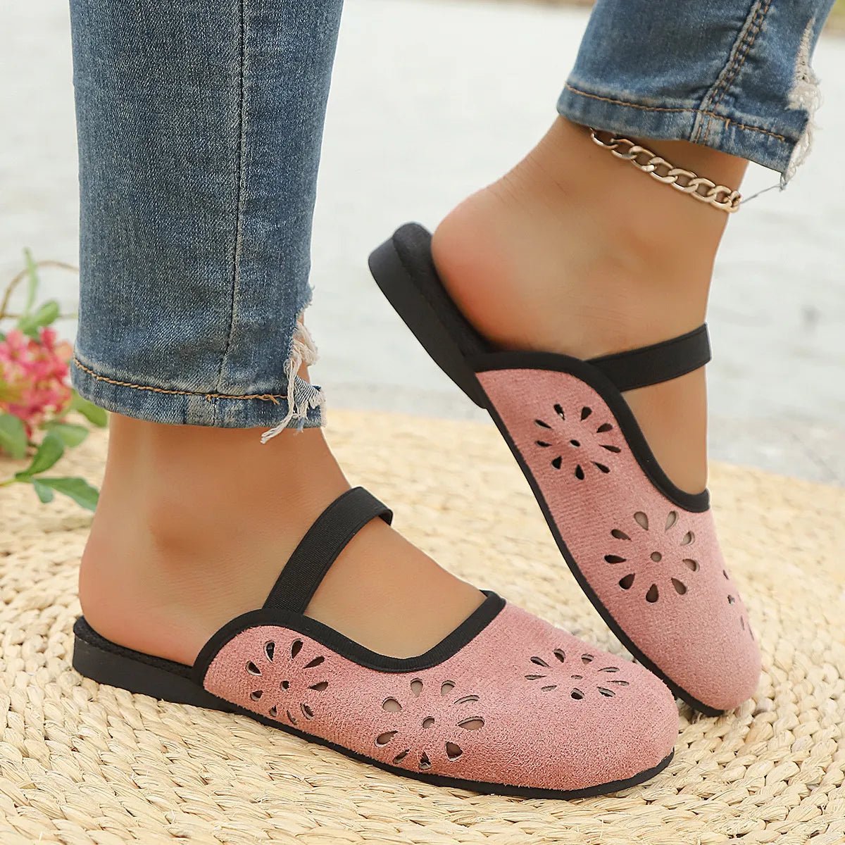 Women's slip-on flats with cutout design, round toe, and premium PU leather from Trendsi, stylish and comfortable footwear.