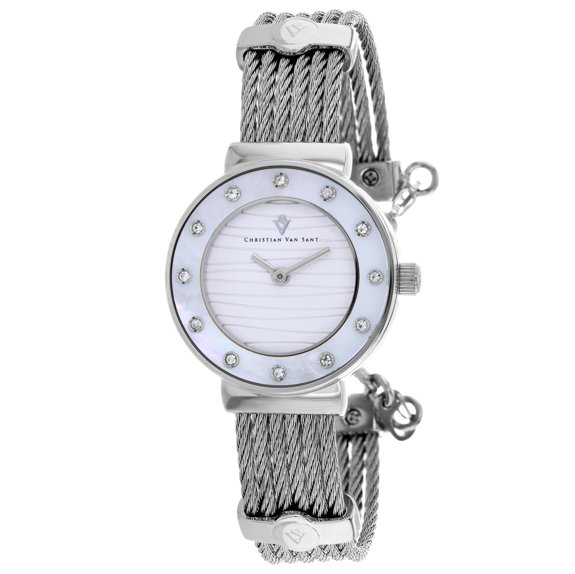 Christian Van Sant Women's Cavo watch with a sleek metal band and round dial, stylishly displayed on a white background.