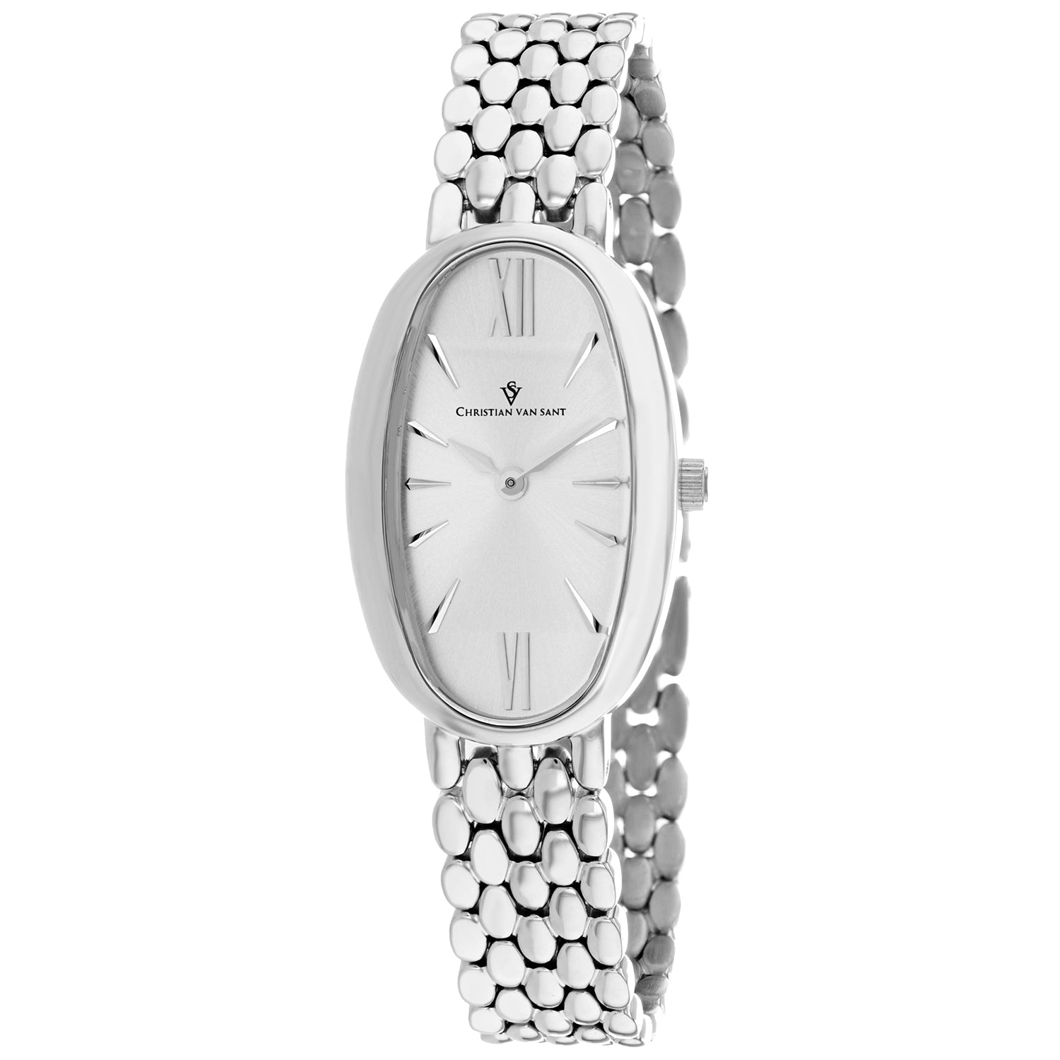 Christian Van Sant Women's Lucia watch with a sleek leather strap and round dial, displayed in a close-up shot.
