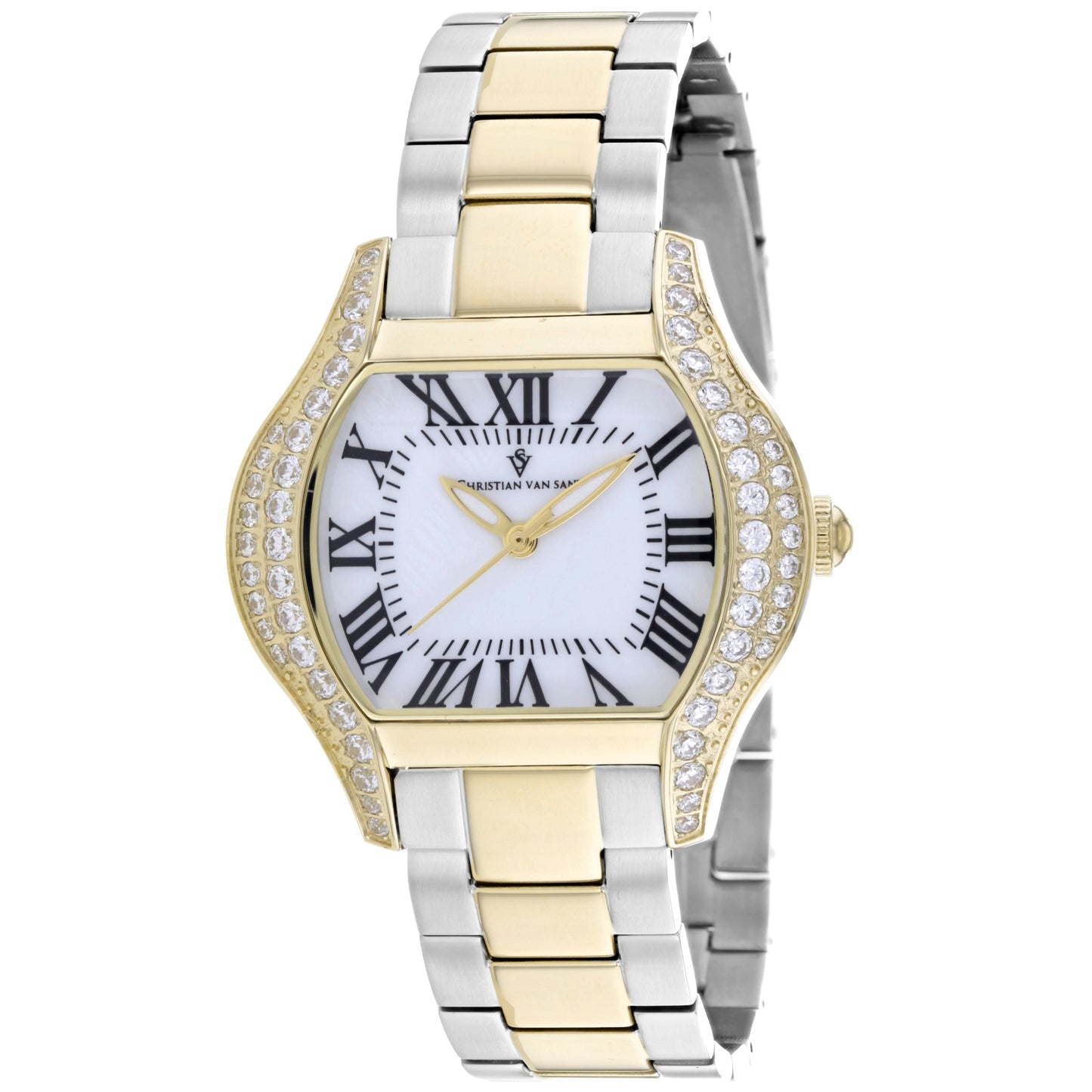 Christian Van Sant Women's Bianca watch with a sleek design and silver-tone band, displayed on a neutral background.