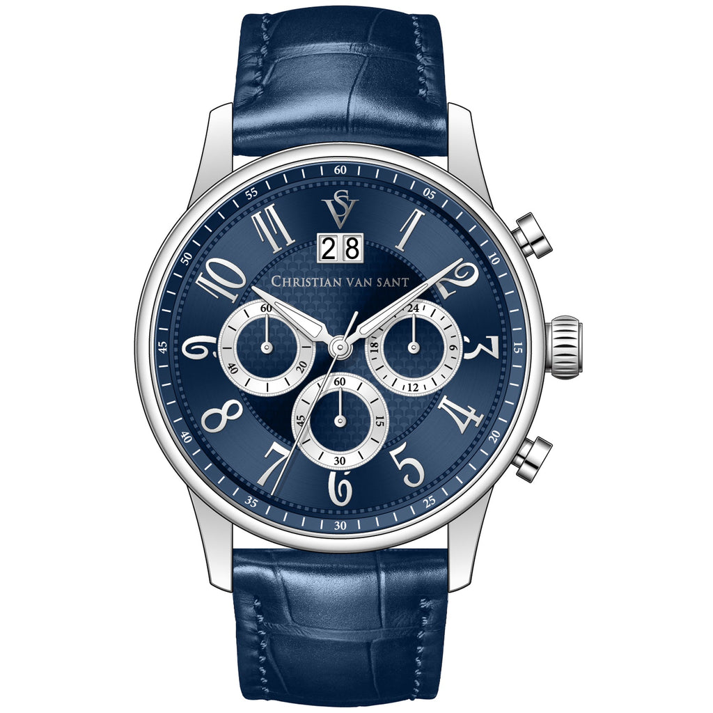 Christian Van Sant Men's Heritage watch with leather strap and round dial, showcasing elegant design and classic style.