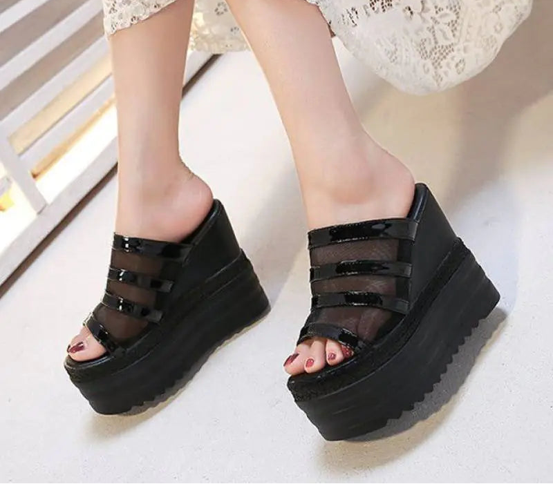Women wedge heel platform sandals and rhinestone slippers featuring stylish straps and decorative embellishments.