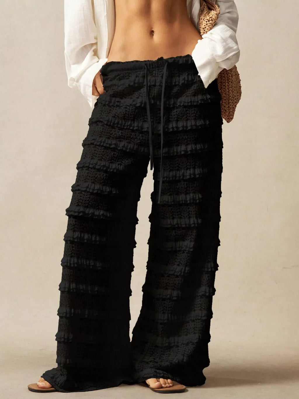 Lace drawstring wide-leg pants by Shopimist featuring lightweight fabric, relaxed fit, and delicate lace details.