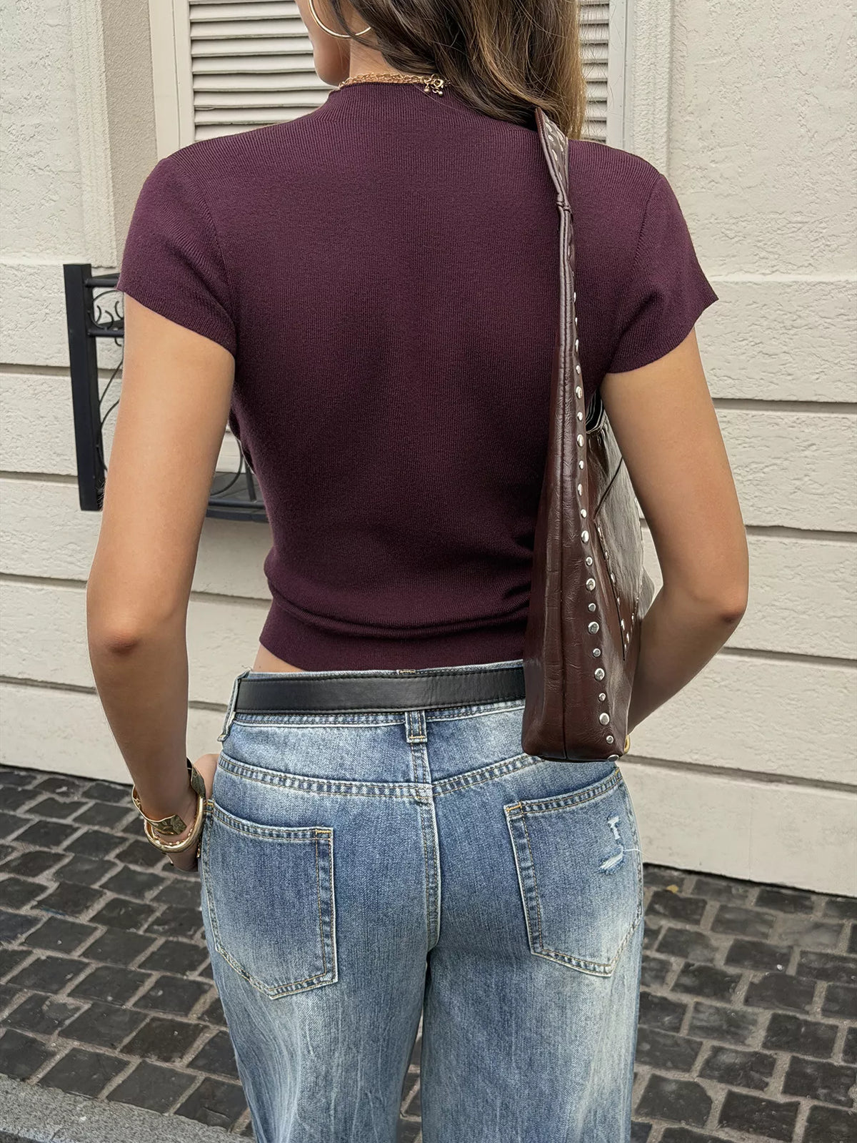 Plush Fashion Hub short sleeve ribbed knit top in a fitted, stylish design, perfect for casual or layered outfits.
