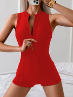 Women's zip-up sleeveless athletic one-piece swimsuit by Plush Fashion Hub featuring a conservative high-waist design and athletic swimwear style.