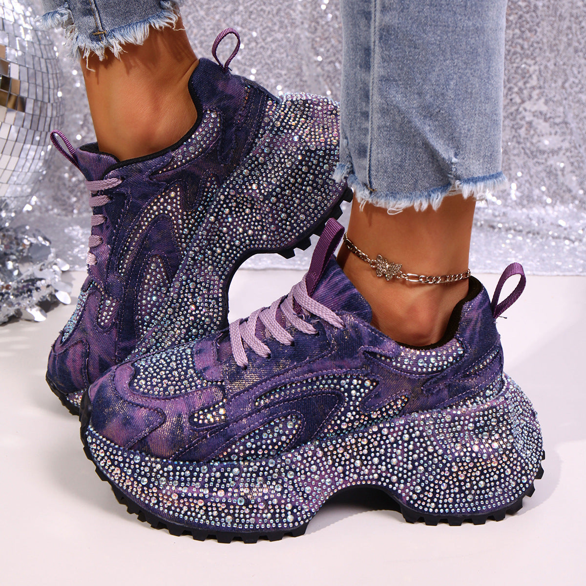 Rhinestone lace-up sneaker sandals by Plush Fashion Hub featuring sparkling rhinestones and stylish design.