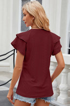 Light blue eyelet notched flutter sleeve T-shirt from Trendsi, featuring eyelet details and flutter sleeves, casual and stylish top.