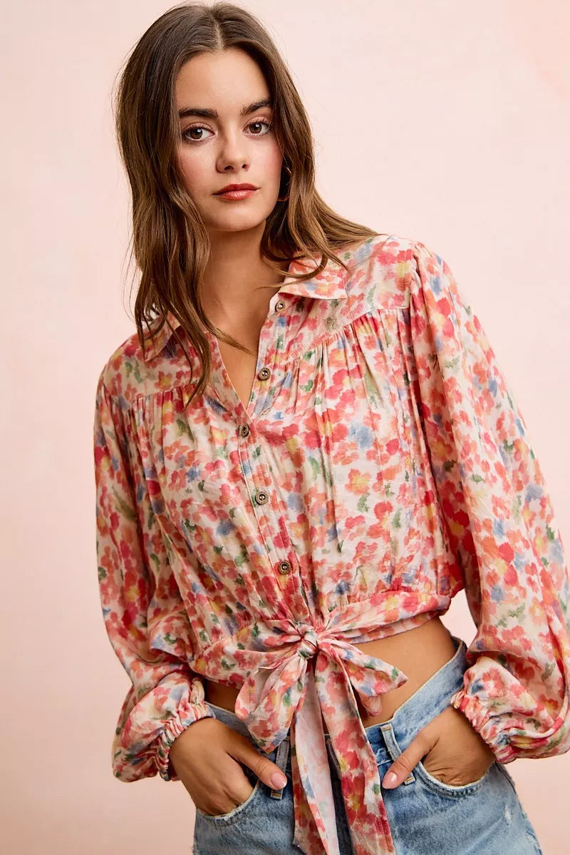 Floral print tie hem crop shirt from Plush Fashion Hub, featuring a stylish design, short sleeves, and vibrant floral pattern.
