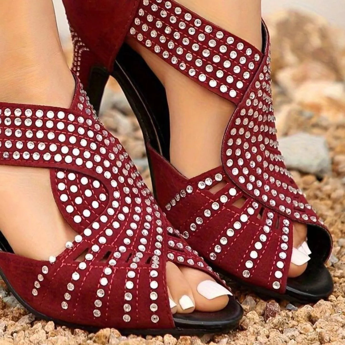 Peep toe block heel sandals by Shopimist featuring beige straps and chunky heel, perfect for stylish daytime wear.