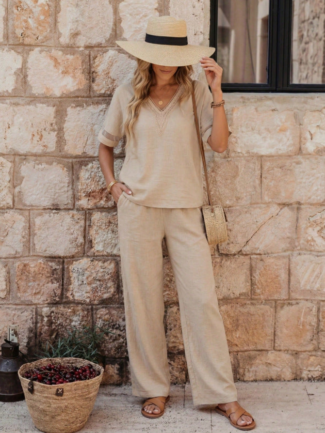 Women's embroidered V-neck top and wide-leg pants set by FitiqueFit, shown in multiple colors, featuring floral embroidery and relaxed fit.