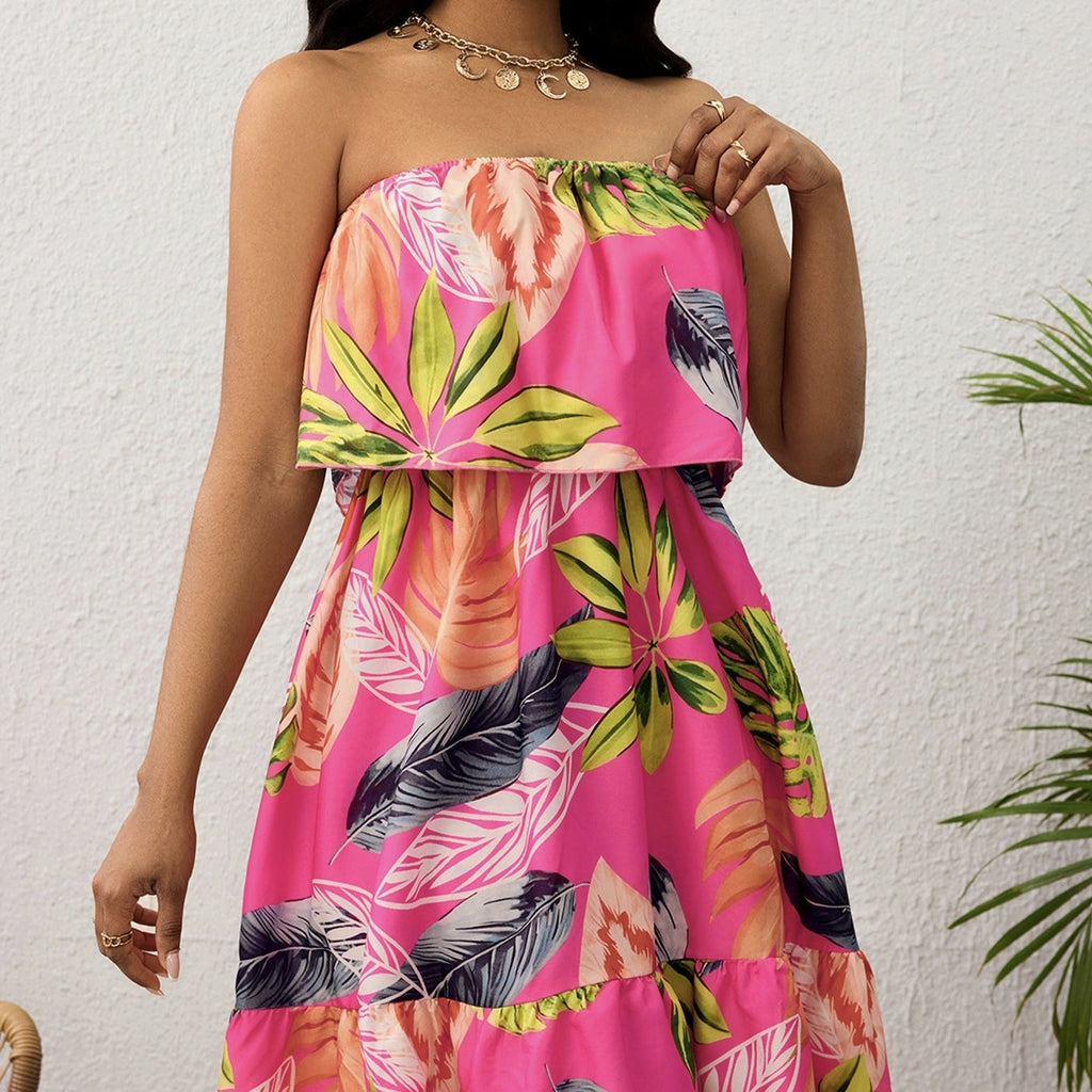 FitiqueFit tropical strapless off-shoulder vacation dress, casualwear with vibrant tropical print and relaxed fit, perfect for warm weather.