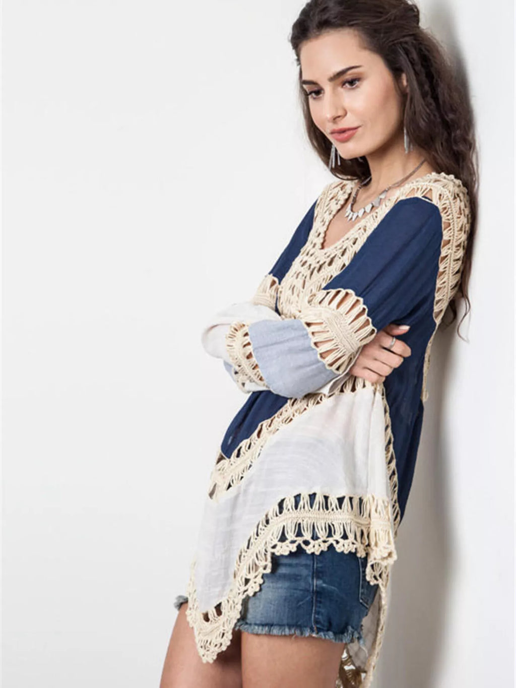 Crochet-trimmed long sleeve swim cover-up from Trendsi, featuring lightweight fabric and stylish design for beach or poolside wear.