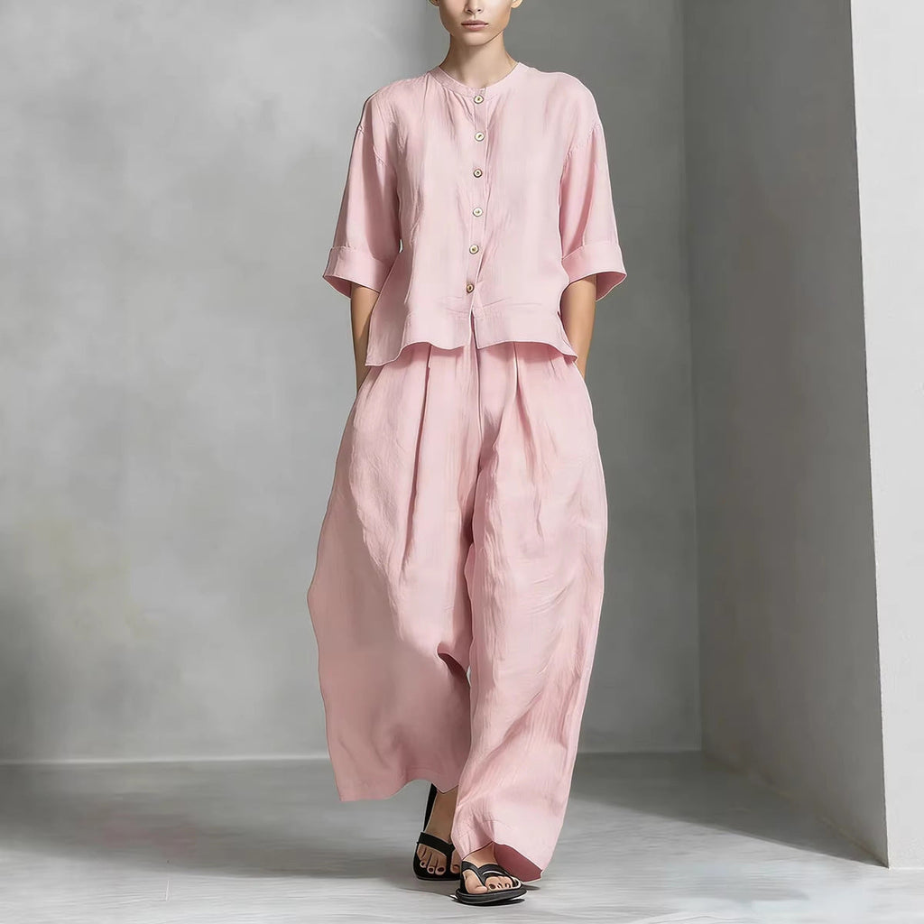 FitiqueFit three-quarter sleeve shirt and loose trousers two-piece set, casual stylish outfit, soft fabric, natural fit, front view.