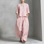 FitiqueFit three-quarter sleeve shirt and loose trousers two-piece set, casual stylish outfit, soft fabric, natural fit, front view.