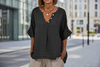 Women's cotton linen V-neck button-up shirt from FitiqueFit, casualwear, shown in a relaxed fit with long sleeves and front buttons.