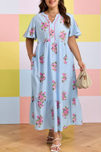 Plus size Lucy Print Scalloped Trim maxi dress by Threaded Pear, featuring a vibrant floral pattern and scalloped hem detail.