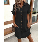 Women's V-neck button-front A-line shirt dress by FitiqueFit, featuring a classic collar, long sleeves, and a flattering fit.