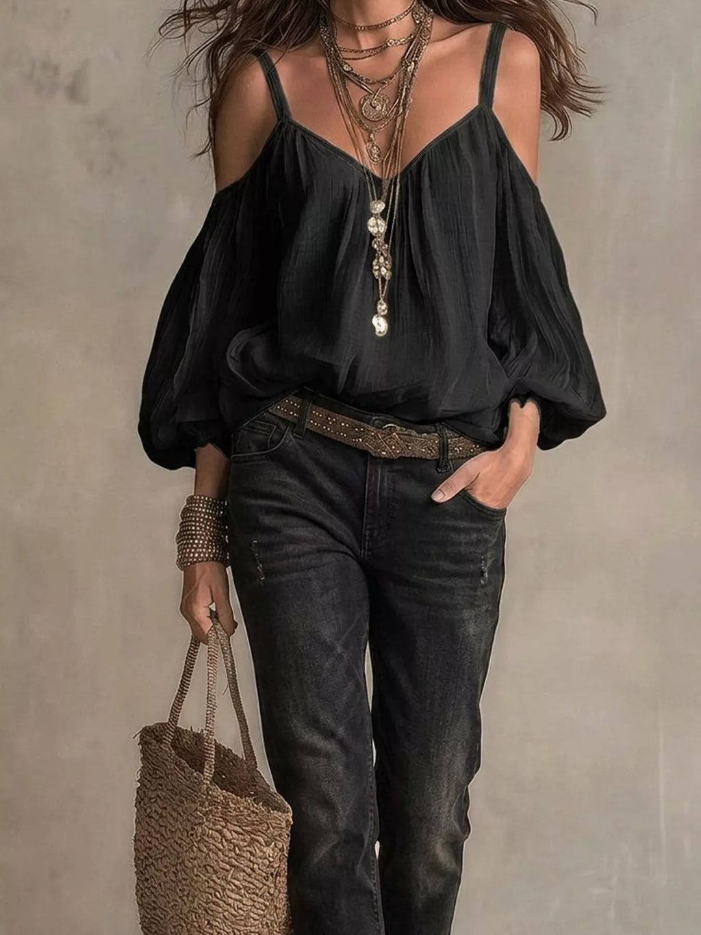 Shopimist cold shoulder balloon sleeve blouse with flowy fabric and stylish design, featuring exposed shoulders and puffed sleeves.