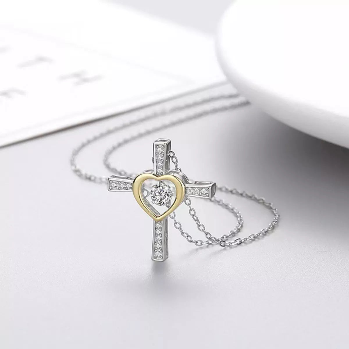 925 sterling silver heart cross necklace from Plush Fashion Hub featuring a delicate heart and cross pendant.