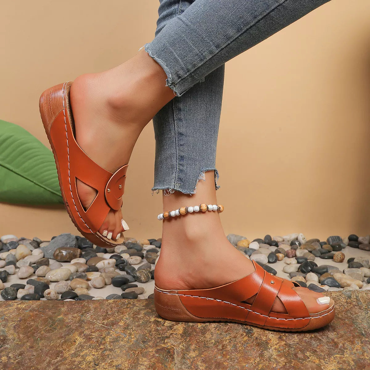 Open toe wedge sandals by Shopimist featuring beige straps and a cork platform, perfect for summer casual wear.