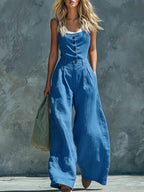 Women’s retro button-front high-waist wide-leg jumpsuit in casualwear style, featuring a relaxed fit and vintage-inspired design.