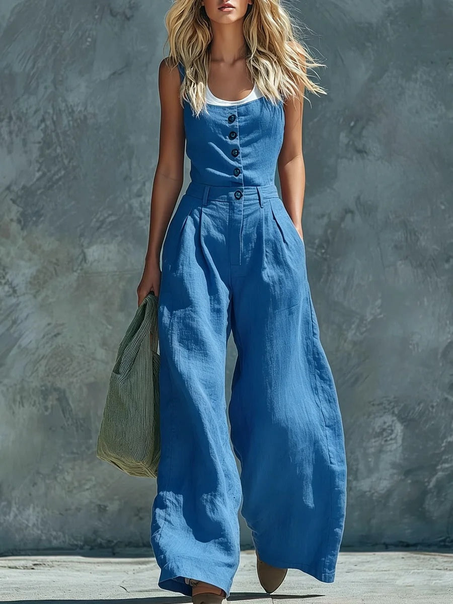 Women’s retro button-front high-waist wide-leg jumpsuit in casualwear style, featuring a relaxed fit and vintage-inspired design.