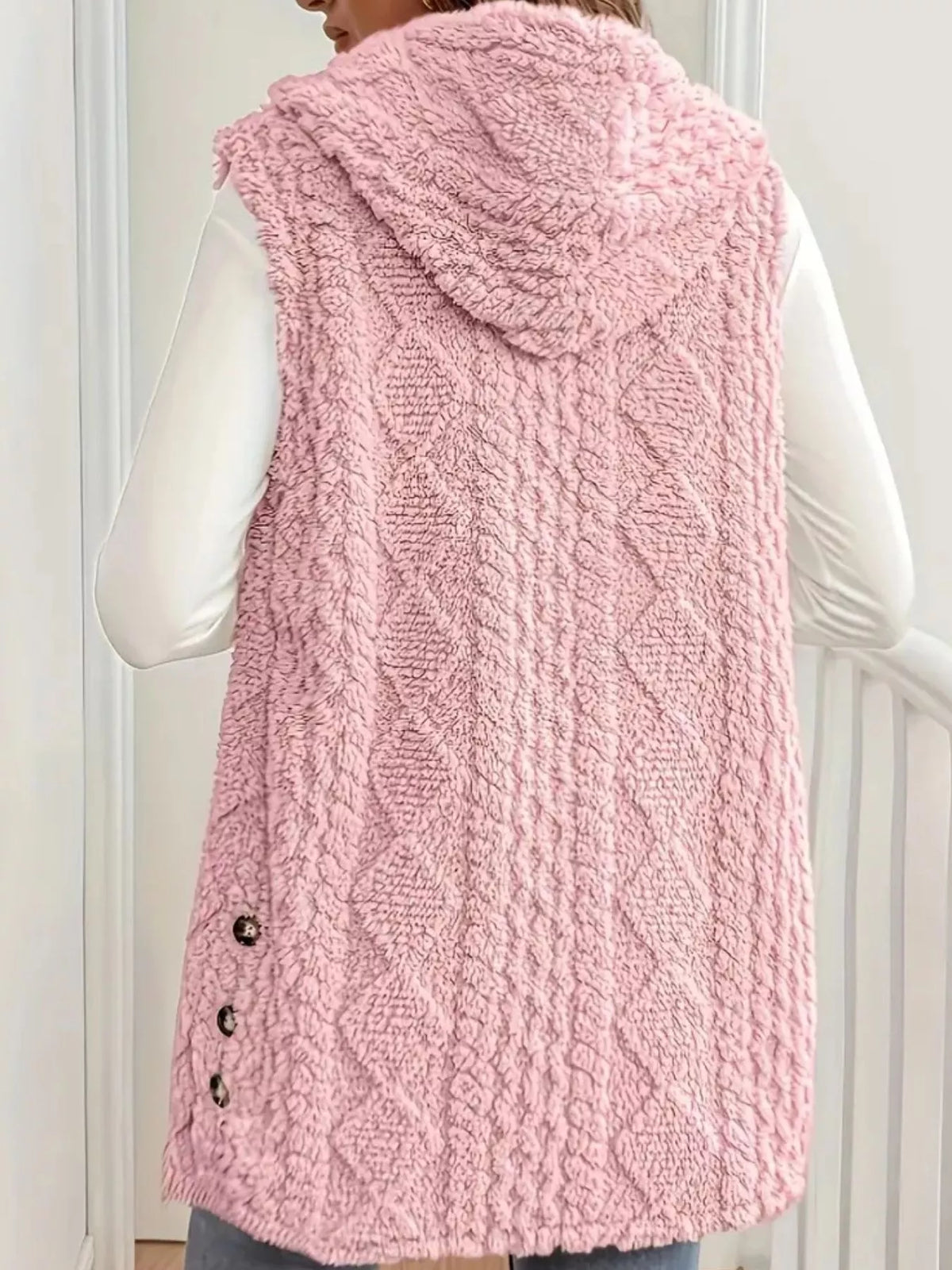 Simply Love hooded button-up sherpa vest coat with a cozy fleece interior and a stylish hood, perfect for cold weather.